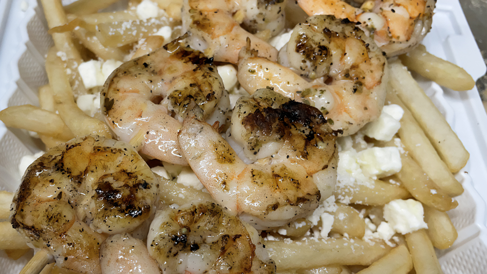 Shrimp Souvlaki Sticks over Fries w/ Feta